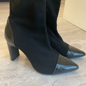 Brand New Black heeled boots with patent toe/heel